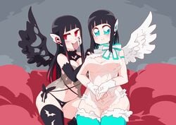 2girls android angel_wings as_(kamen_rider_zero_one) black_hair black_lingerie black_wings blue_eyes blush breasts couch face_tattoo grey_background hand_on_another's_shoulder hands_clasped is_(kamen_rider_zero-one) kamen_rider kamen_rider_zero-one_(series) lingerie long_hair otokam1117 red_couch red_eyes robot robot_girl robot_humanoid sitting_on_couch smile smiling smiling_at_viewer thigh_highs thighhighs thighs tongue tongue_out white_lingerie white_wings wings yuri