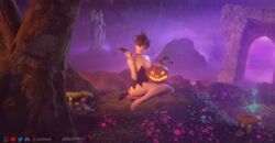 1girls 3d 4k absurdres barefoot breasts feet female female_only forceballfx halloween highres jack-o'-lantern looking_at_viewer overwatch solo tracer