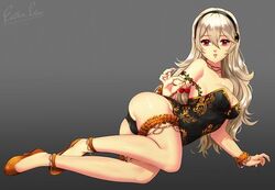 1girls ass bare_legs big_ass big_breasts blonde_hair cherry cleavage corrin_(fire_emblem) corrin_(fire_emblem)_(female) esther-shen female female_only fire_emblem fire_emblem_fates lips long_hair looking_at_viewer more_at_source nintendo on_side red_eyes royalty simple_background solo