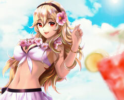 1girls alternate_costume bikini bikini_skirt blonde_hair breasts cleavage corrin_(fire_emblem) corrin_(fire_emblem)_(female) corrin_(summer)_(fire_emblem)_(female) esther-shen female female_only fire_emblem fire_emblem_fates fire_emblem_heroes long_hair medium_breasts midriff more_at_source nintendo official_alternate_costume red_eyes smile solo swimsuit white_bikini white_swimsuit