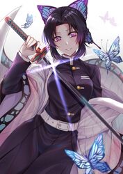 absurdres backlighting bangs belt belt_buckle black_hair black_jacket blue_butterfly breasts buckle bug butterfly butterfly_hair_ornament buttons commentary cowboy_shot demon_slayer eyebrows_visible_through_hair female fully_clothed glint grin gu_li hair_ornament hand_up haori highres holding holding_sword holding_weapon insects jacket japanese_clothes katana kimetsu_no_yaiba kochou_shinobu large_breasts light_particles long_sleeves looking_at_viewer not_porn parted_bangs parted_lips purple_eyes purple_hair revision safe safe_for_work sfw short_hair simple_background smile solo sword weapon white_background