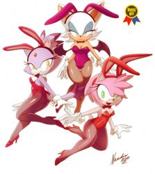 3girls amy_rose anthro blaze_the_cat bunnysuit clothed clothed_female clothing female female_focus female_only forehead_jewel fully_clothed gloves high_heels looking_at_viewer mobian_(species) multiple_girls nancher photo playboy_bunny rouge_the_bat sega signature simple_background sonic_(series) sonic_the_hedgehog_(series) tights video_games watermark white_background