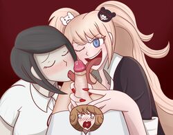 1boy 2girls artist_request collaborative_fellatio danganronpa double_fellatio fellatio female femboy femboy_on_female femboy_pov fujisaki_chihiro gyaru heart_eyes hetero_sex junko_enoshima licking licking_penis male male/female mukuro_ikusaba multiple_girls otoko_no_ko penis penis_lick sisters smooth_skin straight teamwork