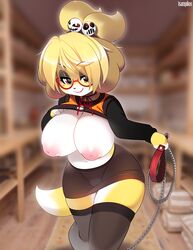 animal_crossing anthro big_ass big_breasts big_nipples black_skirt blonde_hair breasts brown_eyes cameltoe dog_ears dog_tail doubutsu_no_mori fur furry glasses isabelle_(animal_crossing) looking_at_viewer nintendo nipples pink_nipples seductive seductive_eyes seductive_smile shizue_(doubutsu_no_mori) short_hair skin_tight stockings thick_thighs tsampikos