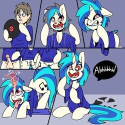 2016 ahe_gao balls blue_hair clothing comic cutie_mark dock equid equine female feral friendship_is_magic gender_transformation genitals hair hasbro horn human human_to_feral koportable lipstick looking_pleasured magic makeup male mammal mtf_transformation my_little_pony open_mouth penis penis_shrinking pussy red_eyes shirt species_transformation tongue tongue_out topwear transformation unicorn vinyl_scratch_(mlp) white_body