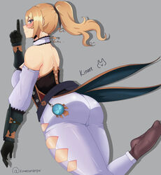 absurdres ass bare_shoulders blonde_hair blue_eyes blush detached_sleeves feet female fully_clothed genshin_impact highres huge_ass jean_gunnhildr kinaee long_sleeves pants ponytail smile solo thick_thighs white_pants