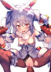 blue_hair braid breasts bunny_ears carrot censored female gloves hololive hololive_fantasy hololive_japan mosaic_censoring nipples pantyhose rabbit_girl red_eyes redcomet sexually_suggestive small_breasts solo spread_legs torn_pantyhose twin_braids usada_pekora vaginal_penetration virtual_youtuber