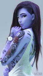 1girls 3d amelie_lacroix blue_skin female female_only long_hair looking_at_viewer looking_back nail_polish overwatch overwatch_2 overwatch_league purple_hair shirt_pull solo tank_top tattoo vicer34 watch widowmaker