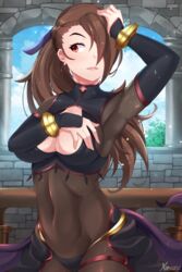 absurdres armpits arms_up bodystocking breasts brown_eyes brown_hair cleavage cleavage_cutout clothing_cutout covered_navel dark_mage_(fire_emblem_fates) day elbow_sleeve female fire_emblem fire_emblem_fates fire_emblem_heroes hair_over_one_eye highres kagero_(fire_emblem) large_breasts long_hair looking_to_the_side nintendo one_eye_covered open_mouth ponytail red_eyes solo solo_female table xereane