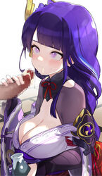 1boy 1girls bangs blunt_bangs blush bow bowtie breasts bridal_gauntlets censored censored_penis cleavage eating eyelashes fellatio female female_focus genshin_impact hair_ornament happy high_resolution highres hizake holding_penis japanese_clothes kashu_(hizake) large_breasts light-skinned_female long_hair looking_at_partner mosaic_censoring oral oral_sex purple_eyes purple_hair raiden_shogun sagging_breasts sake_bottle saliva saliva_trail shiny_hair sidelocks swallowing whipped_cream whipped_cream_on_penis wide_eyed