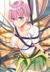 absurdres arms_behind_back bangs bare_shoulders barefoot blue_eyes blush bondage breasts cleavage closed_mouth collarbone commentary_request eyebrows_visible_through_hair female go-toubun_no_hanayome green_skirt gu_li hair_between_eyes highres large_breasts looking_at_viewer nakano_ichika pink_hair restrained shirt short_hair skirt smile solo white_shirt