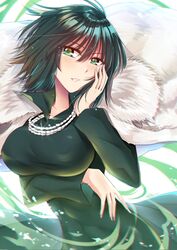 1girls absurdres bangs black_dress black_hair blush bob_cut breasts commentary_request dress female fubuki_(one-punch_man) fur fur_trim green_eyes gu_li hand_on_own_face highres jacket jewelry large_breasts long_sleeves looking_at_viewer necklace one-punch_man short_hair solo teeth white_jacket