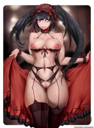 bangs bare_shoulders black_hair black_legwear black_panties breasts cleavage collarbone crotchless_panties date_a_live eyebrows_visible_through_hair female garter_belt headdress heterochromia highres hourglass_figure lingerie long_hair medium_breasts navel nephlite nipples panties pussy red_eyes solo standing thick_thighs thigh_gap thighhighs tokisaki_kurumi twintails uncensored underwear underwear_only yellow_eyes