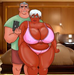 1boy 1girls ass_grab ben_10 big_breasts bikini bra fat fat_man fat_woman female gilf green_eyes huge_breasts looking_at_viewer male max_tennyson obese panties saturnxart selfie smile tanned_skin uncle_and_nephew what