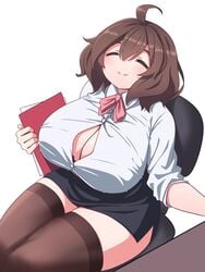 1girls big_breasts black_skirt breasts brown_hair business_suit busty closed_eyes female huge_breasts insomnia-chan_(kaynimatic) kaynimatic miniskirt office_lady pencil_skirt skirt skirt_suit smile solo thick_thighs tight_skirt uniform