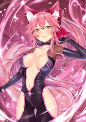 1girls absurdres animal_ear_fluff animal_ears black_bodysuit blush bodysuit bow breasts center_opening choker clothing_cutout collarbone fate/grand_order fate_(series) female fox_ears fox_girl fox_tail glasses gu_li hair_between_eyes hairbow highres koyanskaya_(assassin) koyanskaya_(assassin_first_ascension) koyanskaya_(fate) large_breasts long_hair looking_at_viewer navel parted_lips pink_background pink_bow pink_hair smile solo sparkle tail thigh_cutout thighs very_long_hair yellow_eyes zipper zipper_pull_tab