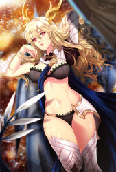 1girls adjusting_hair bare_thighs black_panties blonde_hair breasts cape corrin_(fire_emblem) corrin_(fire_emblem)_(female) esther-shen female female_only fire_emblem fire_emblem_fates large_breasts lips long_hair midriff more_at_source nintendo panties red_eyes royalty solo tail underwear