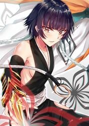 1girls absurdres black_hair black_kimono black_sleeves bleach blush breasts detached_sleeves female female_only gu_li highres japanese_clothes kimono looking_at_viewer parted_lips short_hair sideboob sleeveless sleeveless_kimono small_breasts soifon solo yellow_eyes