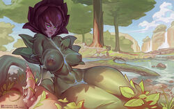 anthro cum cum_on_body cumshot huge_breasts human human_penetrating legend_of_queen_opala looking_at_viewer outdoors plant_girl roseus_(legend_of_queen_opala) sabudenego thick_thighs