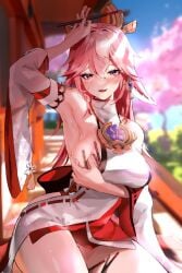 1girls armpits collar curvy curvy_figure female female_only fox_ears fox_girl genshin_impact hair_ornament hand_on_breast kitsune kitsunemimi large_breasts looking_at_viewer pink_hair pressing_breast purple_eyes pussy_peek showing_armpits solo thick thick_thighs voluptuous yae_miko yavalley