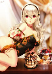 1girls ass bare_legs bare_shoulders bare_thighs big_breasts blonde_hair cake cherry cleavage corrin_(fire_emblem) corrin_(fire_emblem)_(female) esther-shen female female_only fire_emblem fire_emblem_fates food lips long_hair looking_at_viewer more_at_source nintendo red_eyes royalty solo sweets thighs