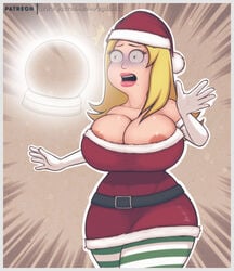 abs american_dad areolae_slip armwear beauty_mark belt big_breasts big_eyes christmas christmas_outfit cydlock elbow_gloves female_focus francine_smith housewife human human_only magic_orb magic_user mature mature_female mole_under_mouth open_mouth orb patreon patreon_username pink_lipstick santa_hat shining shiny_lips shiny_skin simple_background solo solo_female solo_focus stacked_lady standing striped_legwear striped_thighhighs surprised thighhighs twitter twitter_username white_gloves white_sclera wide_hips