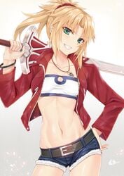 1girls absurdres bandeau bangs belt blonde_eyebrows blonde_female blonde_hair blonde_hair_female blue_shorts braid breasts clarent collarbone cutoffs denim denim_shorts fate/apocrypha fate_(series) female french_braid green_eyes grin gu_li hair_ornament hair_scrunchie hand_on_hip highres jacket jewelry long_hair long_sleeves looking_at_viewer mordred_(fate) mordred_(fate)_(all) navel necklace open_clothes open_jacket over_shoulder parted_bangs ponytail red_jacket red_scrunchie scrunchie short_shorts shorts sidelocks small_breasts smile solo sword thighs weapon weapon_over_shoulder