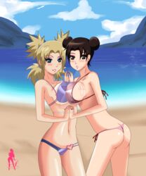 2girls ass bare_shoulders big_breasts bikini blonde_hair blush breast_to_breast breasts brown_eyes brown_hair cleavage deviantart double_bun eyeliner eyeshadow female female_only green_eyes holding_hands lipstick long_hair looking_at_viewer makeup nail_polish naruto naruto_(series) naruto_shippuden ocean open_mouth outdoors quad_tails sand sexypinklady smile swimsuit temari tenten tied_hair water watermark