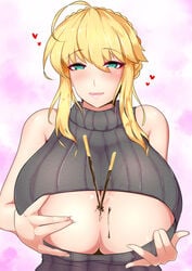 1girls ahoge artoria_pendragon artoria_pendragon_(lancer) artoria_pendragon_(swimsuit_ruler) artoria_pendragon_(swimsuit_ruler)_(second_ascension)_(fate) big_breasts blonde_hair blush blushing_at_viewer breast_cutout breasts chocolate chocolate_on_breasts cleavage_cutout fate/grand_order fate/stay_night fate_(series) female green_eyes grey_sweater hands_on_breasts heart huge_breasts inviting long_hair looking_at_viewer pink_background pink_lips pocky pocky_day smiling smiling_at_viewer sweater tied_hair virgin_killer_sweater white_background