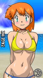 1girls alluring beach bikini clothed clothed_female female female_focus female_only fully_clothed human kageta kasumi_(pokemon) looking_at_viewer navel nintendo orange_hair outdoor outside pokémon pokemon sakaki_(artist) solo solo_female swimsuit