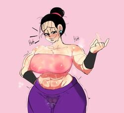 1girls abs aroused big_breasts black_hair caulifla_(cosplay) chichi cosplay curvy dragon_ball dragon_ball_super dragon_ball_z edit embo female_focus female_only milf muscular_female sweat sweating tied_hair wet_pussy