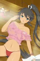 1girls animated animation bangs blue_eyes breasts brown_hair embarrassed female_focus hair_ribbon homura_(senran_kagura) hourglass large_breasts long_hair marvelous official_art open_mouth ponytail ribbon sauna see-through senran_kagura solo tagme video wet wet_clothes yaegashi_nan