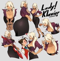 2girls adapted_costume alternate_costume apollo_justice artist_name ass big_ass big_breasts big_butt black_bra blonde_hair blouse blue_eyes blush boing bra bra_peek breasts brown_eyes brown_hair character_name cleavage cleavage_overflow color cranneo dat_ass duo earrings english english_text eye_contact eyebrows_visible_through_hair eyes eyes_visible_through_hair female female_only full_cleavage genderswap_(mtf) grey_background grin guitar gyakuten_saiban hair_between_eyes heart heels height_difference highres hoop_earrings instrument jewelry klapollo klavier_gavin large_breasts legwear light-skinned_female light_skin lips lipstick long_hair long_nails looking_at_another looking_at_viewer multiple_girls navel nose one_eye_closed one_eye_open painted_nails pencil_skirt playing_instrument purple_nails purple_skirt ring rule_63 short_hair sidelocks skirt smile sparkle spoken_heart spoken_squiggle squiggle sweat tanned text text_bubble thumb_ring tight_clothing twitter_username yuri