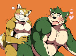 2020 anthro bearlovestiger13 belly blush canid canine canis domestic_dog duo fur green_body green_fur heart humanoid_hands live-a-hero male male/male male_only mammal mokdai_(live_a_hero) moobs musclegut nipples orange_background overweight overweight_male procy_(live_a_hero) simple_background video_games