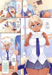 1futa 1girls akane_(sela_god) blonde_hair blue_hair clothed clothing comic dark-skinned_female dark_skin dialogue duo english_text female fully_clothed futanari human light-skinned_futanari light_skin original pale_skin rafaela_(sela_god) school_uniform schoolgirl sela_god short_hair sitting skirt standing text text_on_topwear thick_thighs tie wide_hips