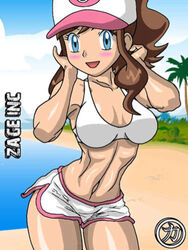 alluring beach bikini blush brown_hair female female_abs hat hilda_(pokemon) human kageta looking_at_viewer open_mouth outdoor outside pokemon pokemon_bw sakaki_(artist)