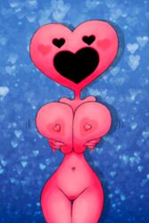 <3_eyes 2020 2:3 big_breasts big_mouth_(anatomy) blue_background blush bowling_ball_face breast_fondling breasts eyeless female fondling for_a_head genitals gesture hand_heart hand_on_breast heart holding_breast humanoid nude object_head pink_body pink_skin pussy shirtbusters simple_background solo solo_focus tagme thick_thighs unknown_species wide_hips