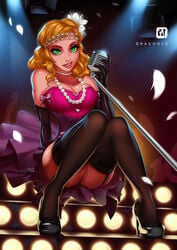 1girls blonde_hair burlesque cabaret cyelaina_skylark dragonfu flapper garter_straps green_eyes heels long_gloves mage microphone microphone_stand no_panties pearl_necklace pussy stockings thighhighs upskirt world_of_warcraft wow