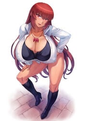 athletic athletic_female bending_forward bending_over big_breasts brown_eyes brown_hair cleavage hand_on_hip hand_on_thigh high_heel_boots human human_only jinno_misuzu kyochuu_rettou long_hair looking_at_viewer mogudan nipples nipples_bulge nipples_visible_through_clothing outdoors parody posing shiny_skin simple_background stacked_lady standing the_island_of_giant_insects thick_thighs thighs toned_female