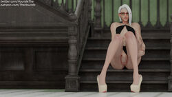 3d ashe_(overwatch) clothed clothed_female clothed_masturbation clothing dress female glasses hand_on_pussy high_heels light-skinned_female light_skin masturbation no_panties overwatch public public_masturbation red_eyes rubbing rubbing_pussy short_hair sitting solo solo_female tattoo tattooed_arm thehounde white_hair