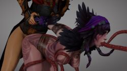 3d ahe_gao ambiguous_penetration areolae arm_grab ass bellona_(smite) blender breast_grab breasts doggy_style domination double_oral futanari nipples oral restrained rough_sex scrido smite tentacle the_morrigan_(smite)