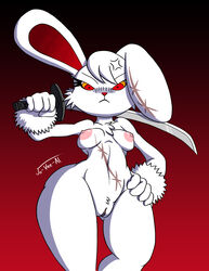 2spot_studio absurd_res anger_vein angry anthro artist_name bloody_bunny bloody_bunny_(character) chest_tuft clitoris cropped_legs evil_eyes female genitals gradient_background hair hand_on_hip hi_res holding_katana holding_sword holding_weapon jo-vee-al lagomorph leporid long_ears mammal melee_weapon monster navel_line nipples nude pussy rabbit red_background red_eyes scar signature simple_background solo standing stitch_(disambiguation) sword thick_thighs weapon weapon_behind_head white_body wide_hips wrist_tuft yellow_eyes