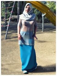 3d 3d_(artwork) big_breasts braless hijab hijabophilia outdoors playground see-through see-through_clothing visible_nipples