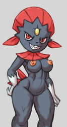 anthro breasts female grin muscular_legs nintendo nipples nude pokémon_(species) pokemon rawslaw5 simple_background smile solo teeth teeth_bared thick_thighs video_games weavile