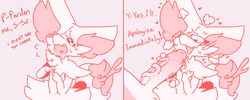 1boy 2020 ambiguous_gender anthro apologizing backsash blush bodily_fluids braixen canid canine comic dialogue digital_media_(artwork) english english_text erection fox fur genitals hair heart hi_res humanoid_genitalia humanoid_penis imminent_sex inner_ear_fluff looking_at_viewer male male/ambiguous mammal monochrome nintendo nude open_mouth penis pokémon_(species) pokemon pokemon_(species) simple_background sketch smile solo_focus sweat teeth text tuft vein video_games