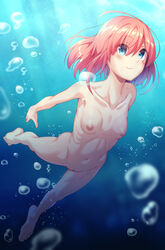 abs air_bubble barefoot blue_eyes blush breasts bubble casual completely_nude dosu_(doseven) female freediving highres human light_rays navel nude nudist ocean original pale_skin pink_hair ribs small_breasts smile swimming underwater zenra