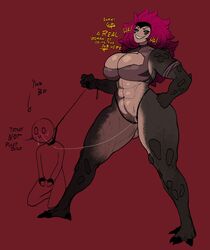 1boy 1girls abs alpha_female argohazak big_breasts black_sclera cheating colored confident cuckquean dominant_female elbow_spikes female female_focus femdom four_toes grin hand_on_hip handcuffed huge_breasts humanoid implied_cunnilingus implied_oral kneeling larger_female laugh leash male malesub meme monster_girl muscular muscular_female netorare pink_hair pointy_teeth pussy pussy_juice sharp_teeth simple_background size_difference smaller_male straight submissive_male text thick_thighs