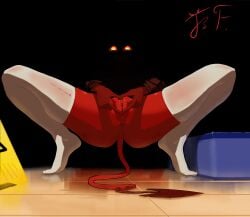 1girls ass dark_room demon_girl demon_tail demoness digital_drawing_(artwork) female female female_only freakface glowing_eyes heart-shaped_pupils lewd looking_at_viewer pussy red_skin solo solo_female solo_focus tail thick_thighs thighhighs thighs wet_pussy yellow_eyes
