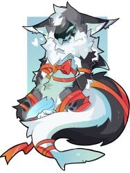 2025 aflictedpaw anthro balls belly_tuft big_tail blush bondage bound bow_ribbon cheek_tuft ears_down erection facial_tuft fluffy fluffy_tail fur genitals hands_behind_back head_tuft heart_symbol hi_res huge_tail kneeling long_tail machine male male_focus male_only nude_anthro nude_male open_mouth penis pivoted_ears protogen ribbon_bondage ribbons ruff shaded shark_tail sitting smile solo tail thick_tail three-quarter_view tongue tongue_out tuft