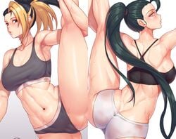 2girls abs akali back_muscles belly_button big_ass big_breasts breasts bubble_butt female_only fit fit_female gonster k/da_all_out_akali k/da_all_out_kai'sa k/da_all_out_series kai'sa large_breasts league_of_legends long_hair looking_at_viewer multicolored_hair multiple_girls sports_bra sportswear stretching sweat